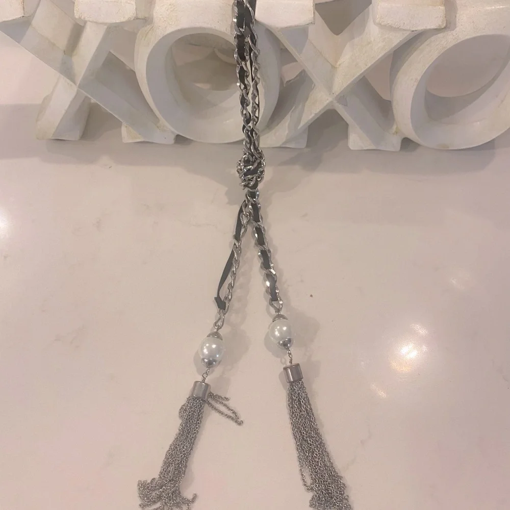 WHITE HOUSE BLACK MARKET Chain Ribbon Tassle Necklace | EUC | MSRP $149